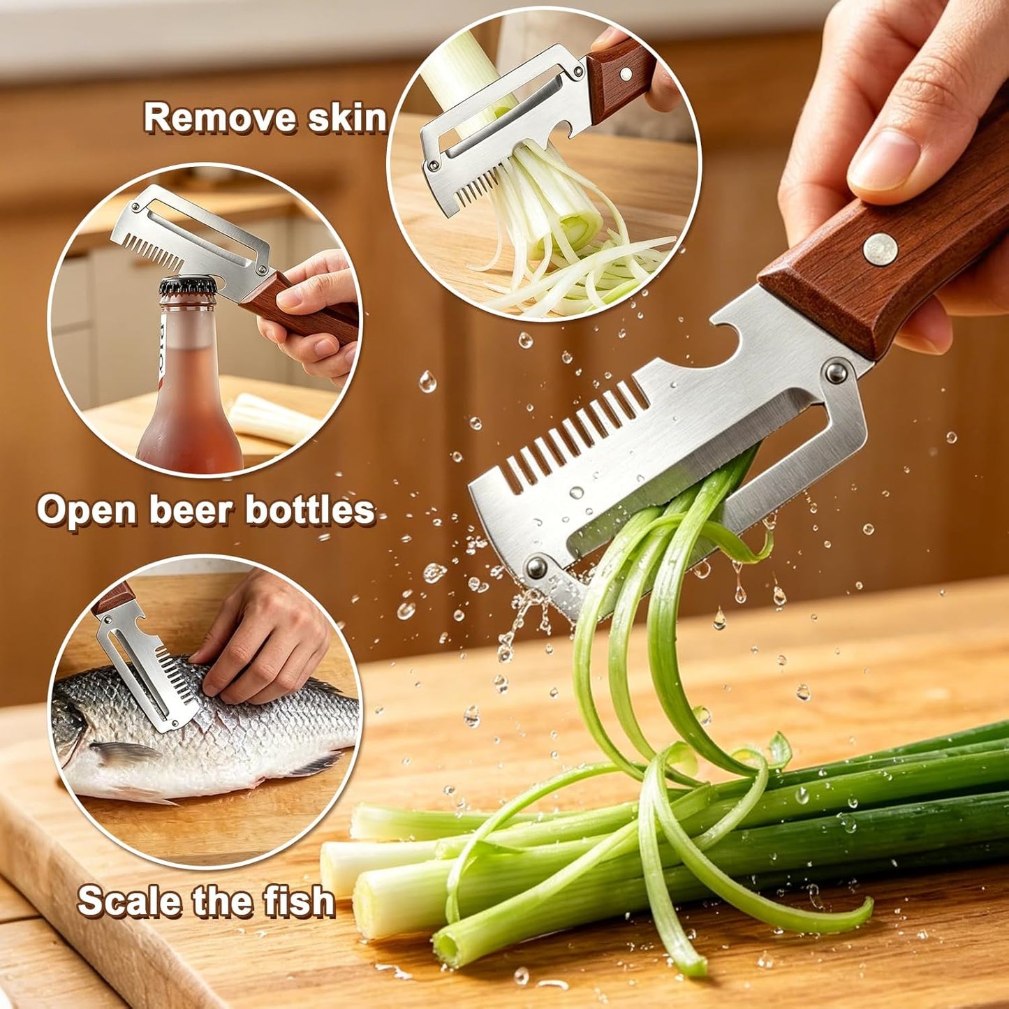 Vegetable Peeler with Wooden Handle, 3-in-1 Multifunctional Peelers for Kitchen - Scallion Shredder, Julienne Slicer & Bottle Opener, Stainless Steel Blade, Potato Carrot Fruit（2 Pack）