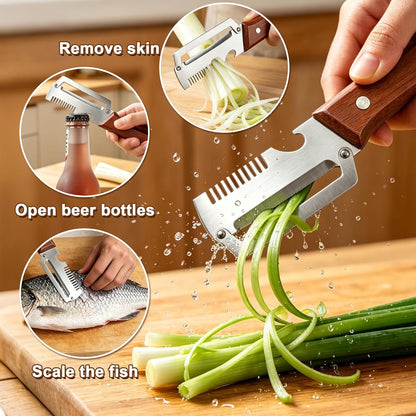 Vegetable Peeler with Wooden Handle, 3-in-1 Multifunctional Peelers for Kitchen - Scallion Shredder, Julienne Slicer & Bottle Opener, Stainless Steel Blade, Potato Carrot Fruit（2 Pack）
