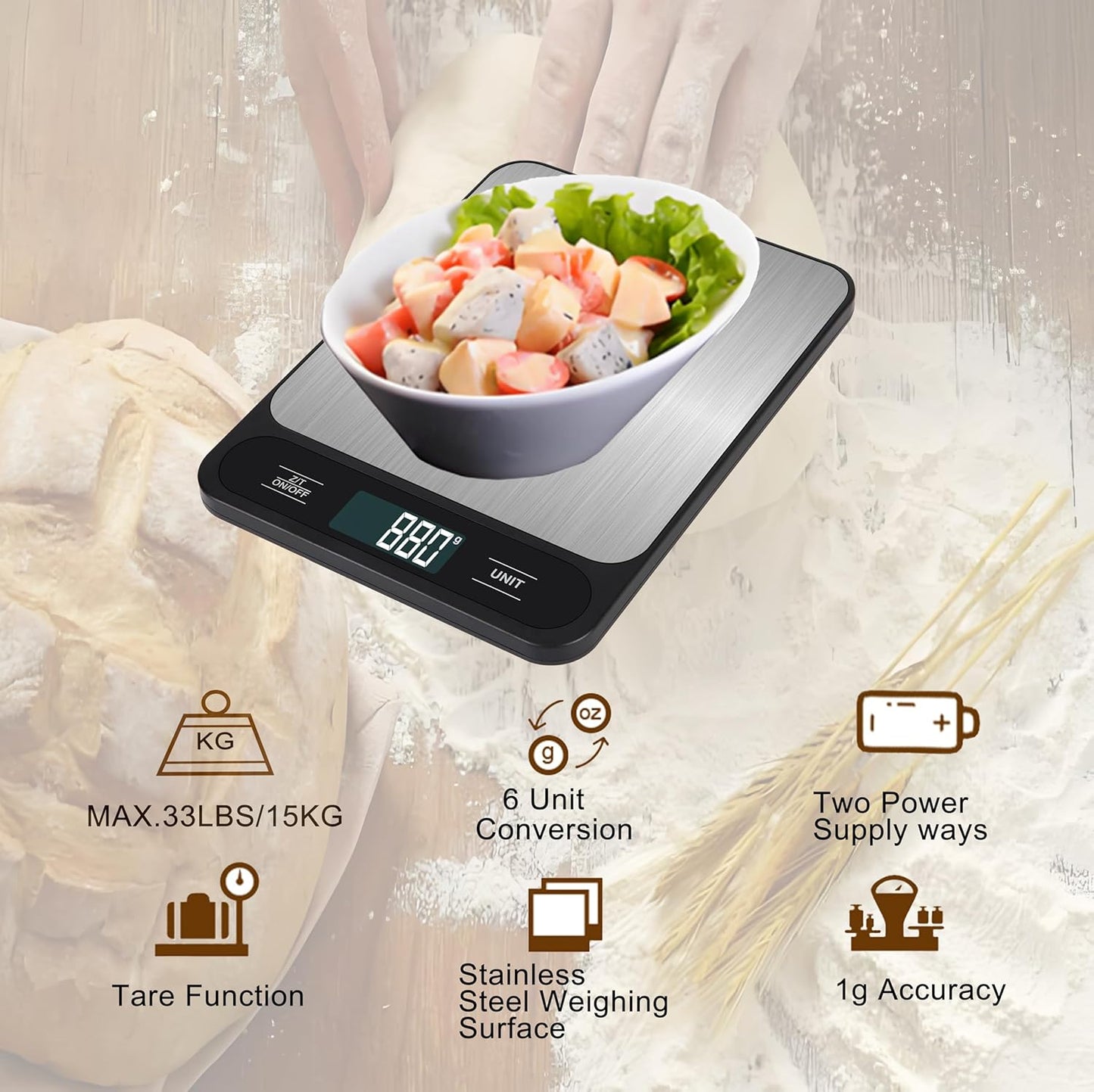 33lb/15kg USB Rechargeable Digital Kitchen Scale, Food Scale, LCD Display, High Capacity Weight Grams and Ounces for Baking Cooking and Meal Prep, 6 Units with Tare Function