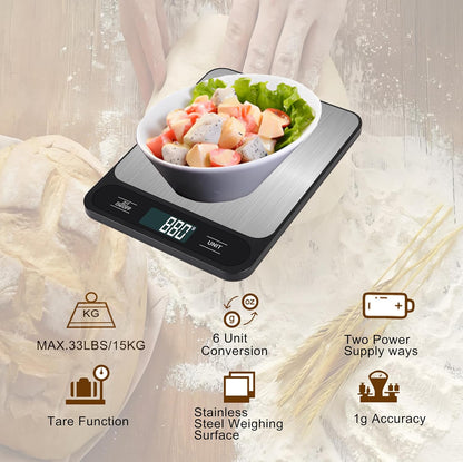 33lb/15kg USB Rechargeable Digital Kitchen Scale, Food Scale, LCD Display, High Capacity Weight Grams and Ounces for Baking Cooking and Meal Prep, 6 Units with Tare Function