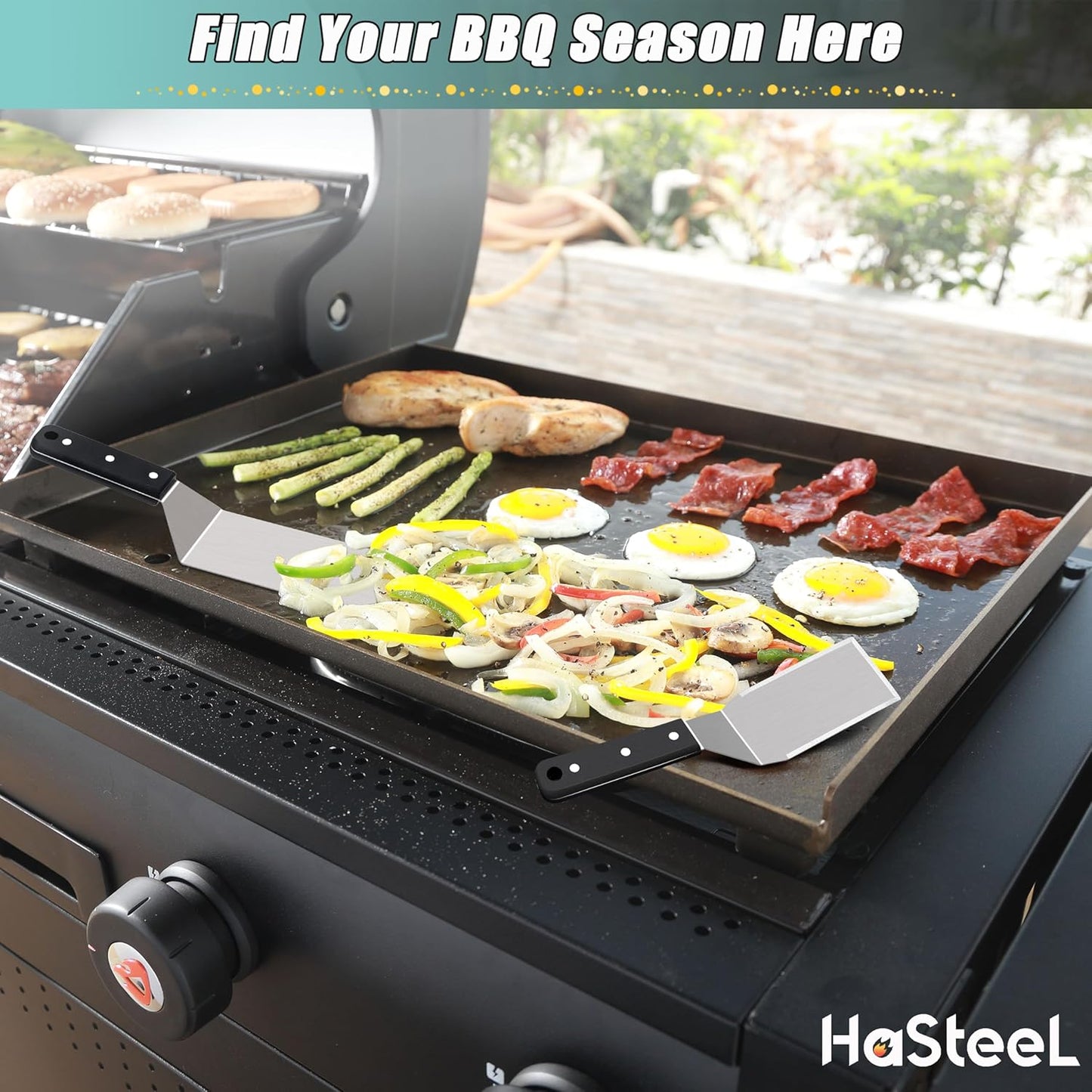HaSteeL Griddle Accessories Kit of 5, Heavy Duty Metal Spatula, Professional Stainless Steel Flat Top Griddle Tools Set, Pancake Flipper/Griddle Scraper/Hamburger Turner for BBQ Grilling Cast Iron