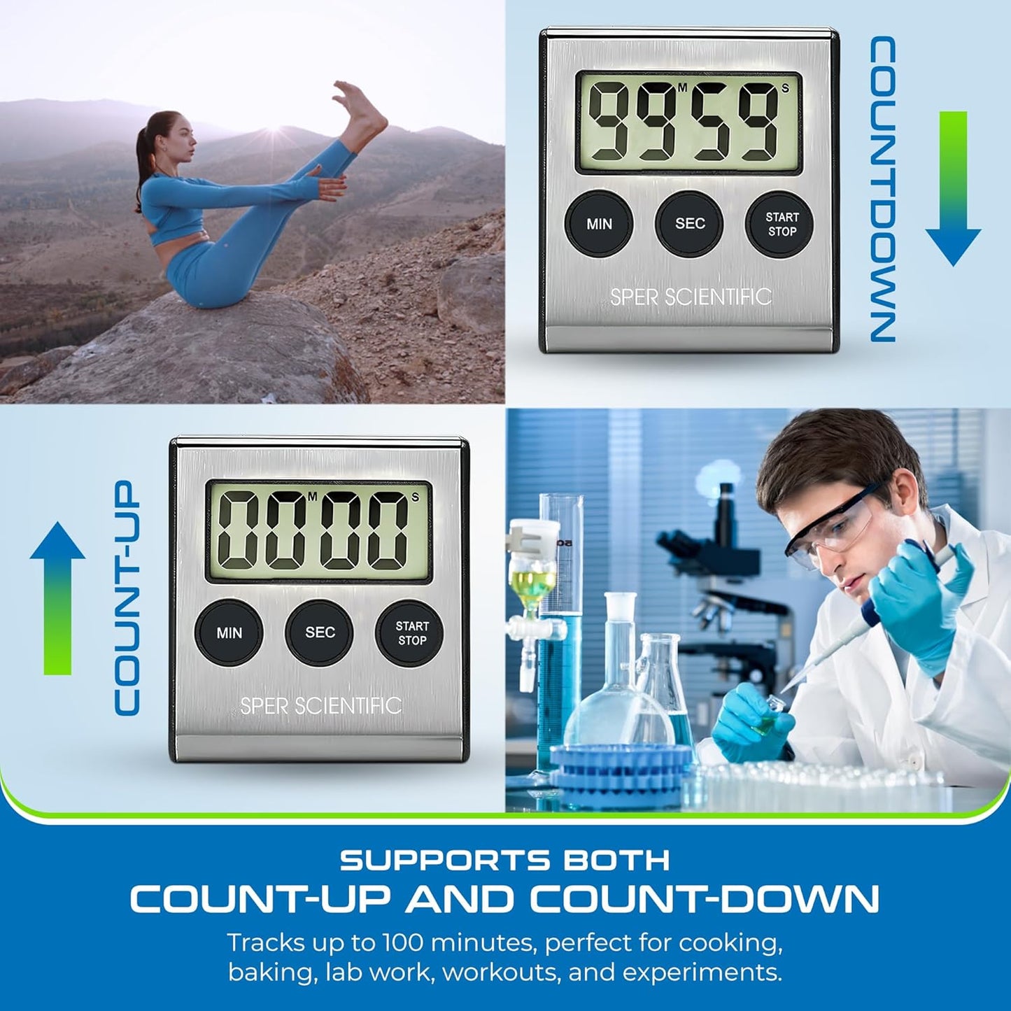 Sper Scientific 24-Hour Digital Lab + Kitchen Timer with LED Light 810001 - Precision Countdown Timer with Large Display, Loud Alarm & Clock Mode - for Cooking, Lab Experiments & More