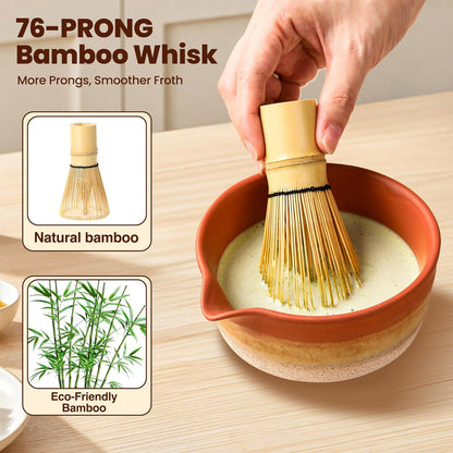 Matcha Whisk Set, Ceramic Matcha Kit Desert Style, Matcha Whisk and Bowl, Bamboo Scoop and Rest, Sifter and Tea Towel, 7 Pcs Gifts for Matcha Lover - Matte Black