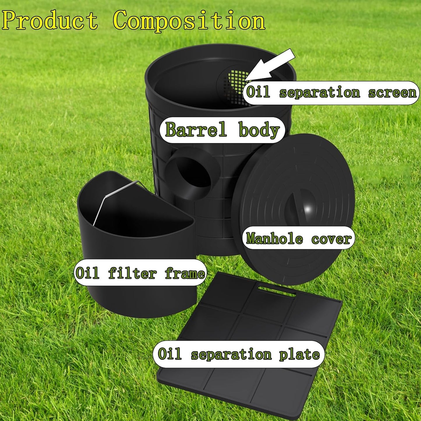Grease Trap Commercial, Lightweight PE Plastic Grease Interceptor Trap Side Inlet Waste Oil Water Separator for Kitchen Sink Restaurant Wastewater Easy Install (Round-315-110-110)