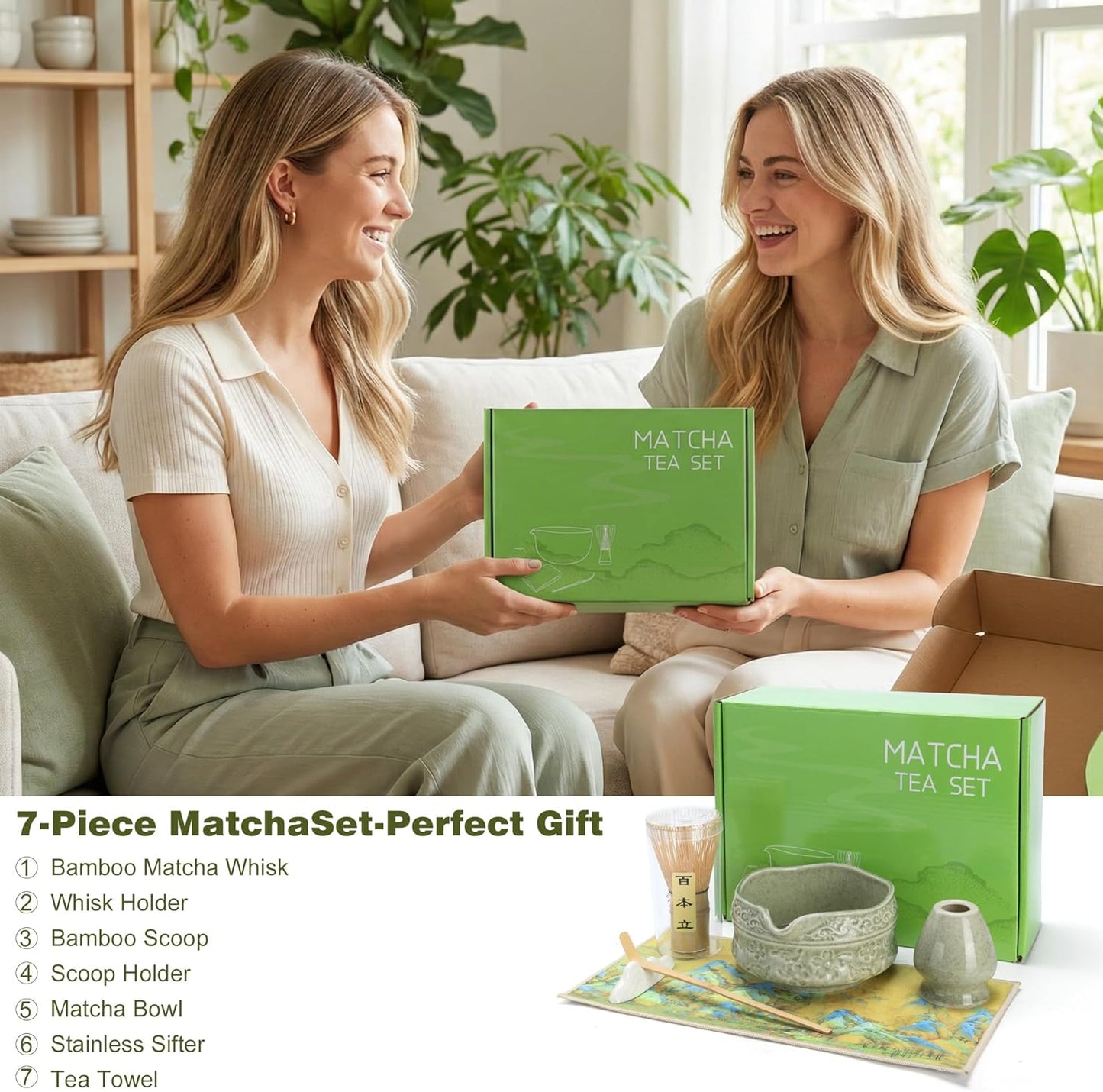 Matcha Whisk Set -7 Pcs Ceramic Matcha Kit Includes Matcha Bowl,Holder,Matcha Sifter, Bamboo Whisk (Chasen),Matcha Spoon and Scoop and Tea Towel,Matcha Kit for Matcha Lovers(Cyan)