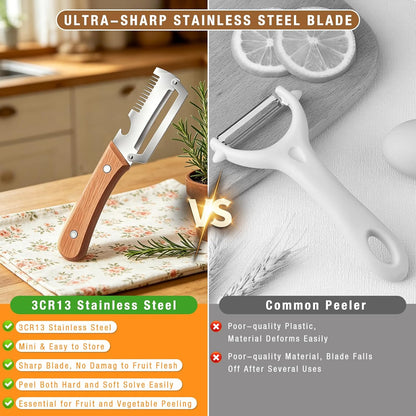 2Pcs Multifunctional Vegetable Peeler,Zero Snag Wooden Peeler,Zero Snag Wooden Kitchen Tool with Bottle Opener,3 in 1 Kitchen Gadgets Stainless Steel Peelers for Fruit Veggie
