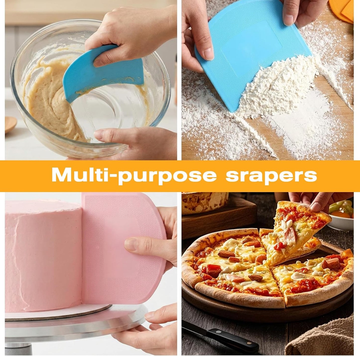 JJUNW 8Pcs Dough Cutter Bench Scraper for Baking, Flexible Dough Scraper Food-safe Plastic Dough Scraper Tool for Bread Cake Dough Fondant Icing