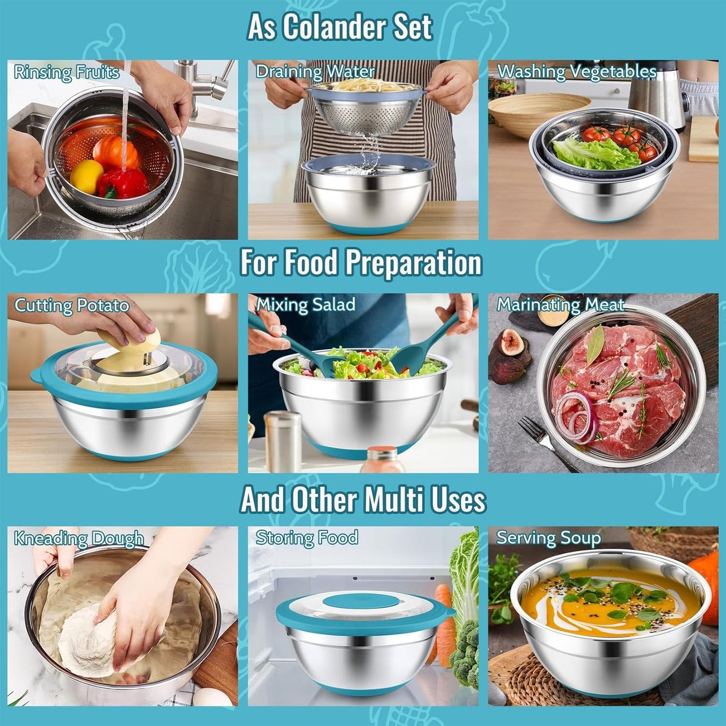 P&P CHEF 4-In-1 Stainless Steel Colander with Bowl Set, Rotatable Strainers for Kitchen, Fruit Cleaner, Washing Fruit & Draining Pasta, Mixing Bowl and Lid with Grater for Salad, Khaki