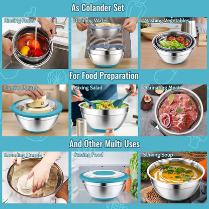 P&P CHEF 4-In-1 Stainless Steel Colander with Bowl Set, Rotatable Strainers for Kitchen, Fruit Cleaner, Washing Fruit & Draining Pasta, Mixing Bowl and Lid with Grater for Salad, Khaki