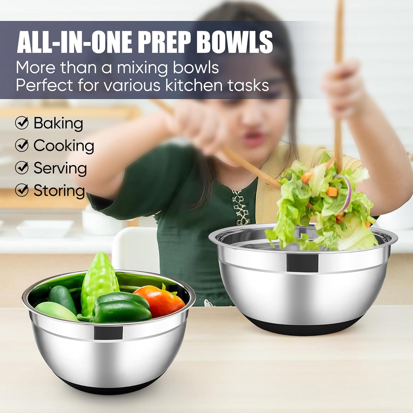 E-far Stainless Steel Mixing Bowls with Lids Set, 5-Piece Nesting Salad Bowls with 3 Grater Attachments and Non-Slip Bottoms, Size 4.6, 2.6, 2, 1.5, 1QT for Kitchen (Black)
