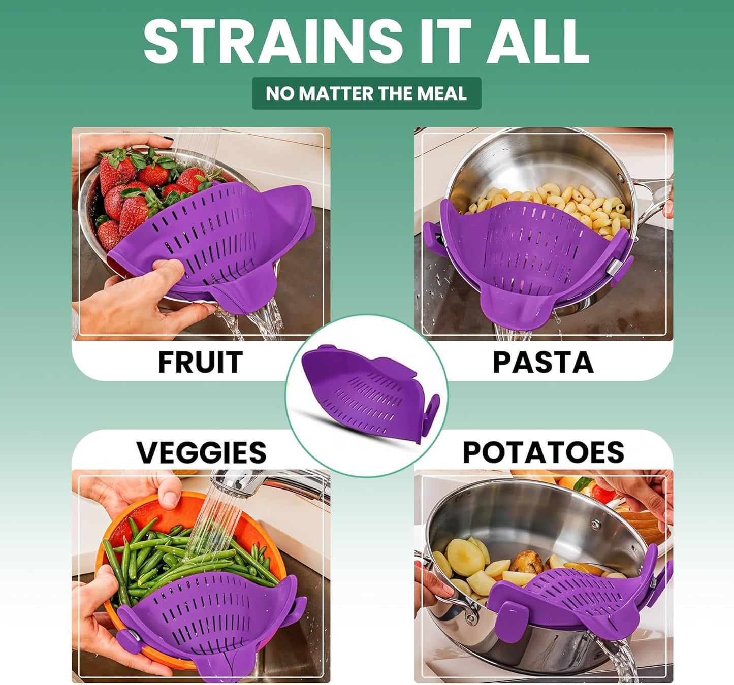 Pasta Strainer Clip-On for Pots and Pans – Heat Resistant Colander for Vegetables and Noodles – Space-Saving Design – BPA-Free, Dishwasher Safe, Universal Fit (Black)