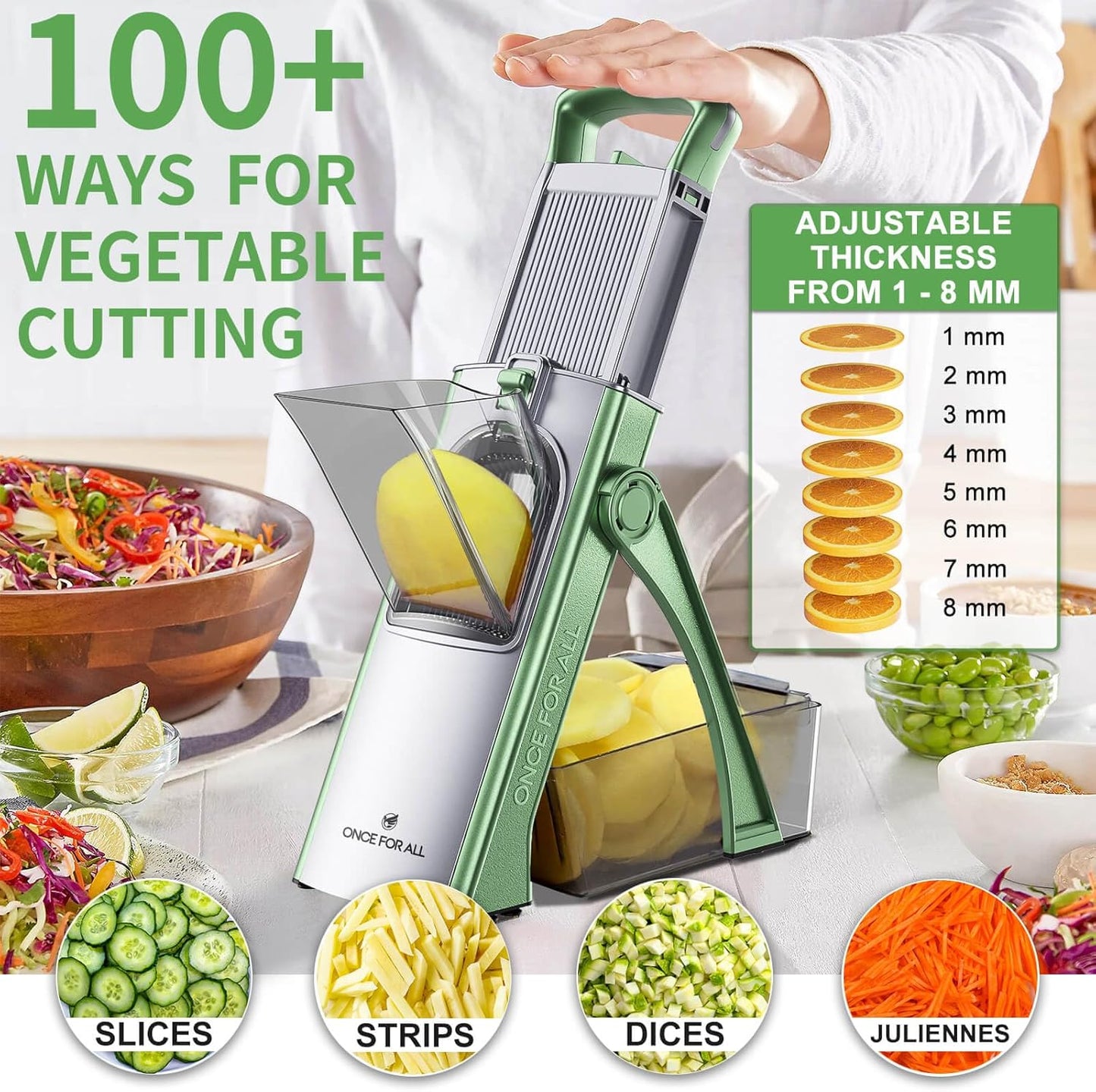 ONCE FOR ALL Upgrade Safe Mandoline Slicer Plus, Adjustable Vegetable Food Chopper Potato Fries French Fry Cutter, Detachable Blade, Kitchen Chopping Artifact, New Kitchen Gift (DarkGray)