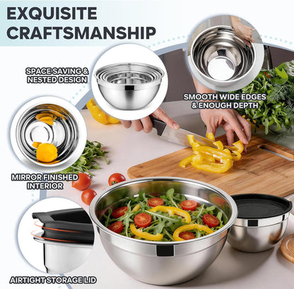 E-far Mixing Bowls with Lids, 6-Piece Stainless Steel Salad Bowls Metal Nesting Bowls for Baking Cooking and Prepping, Airtight Lids & Stackable Design, Size 4.5, 3, 1.5 QT (Black)