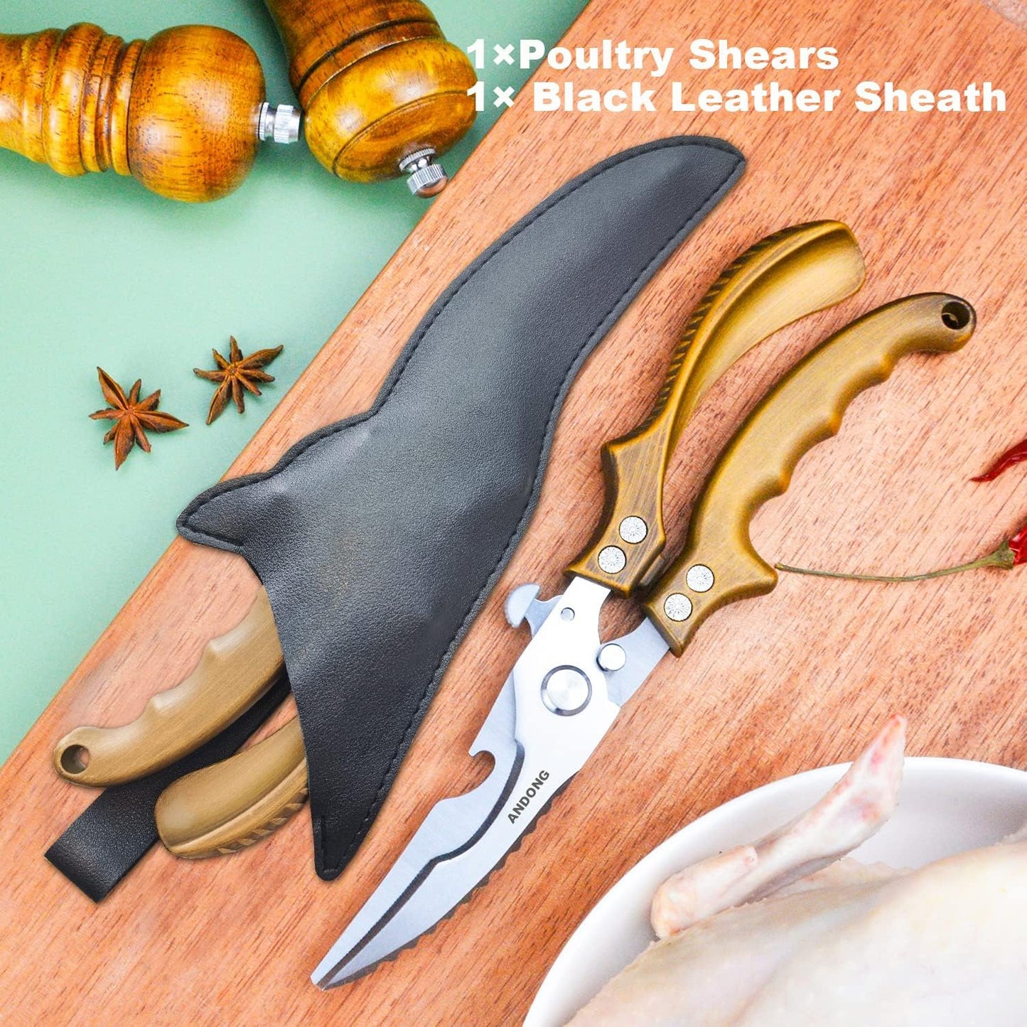 ANDONG Upgrade Heavy Duty Stainless Steel Kitchen Scissors - Professional Poultry Shears for Bone, Meat, Chicken, Fish, Turkey, Vegetables,Spring Loaded Multipurpose Ultra Sharp Utility Scissors