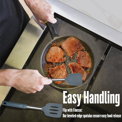 Silicone Spatula Set (2-Pc) - 600°F Heat Resistant, BPA Free, Non-Scratch, Dishwasher Safe I Slotted & Solid Kitchen Spatula Turners I Ideal for Eggs, Pancakes, Fish I Stainless Steel I Gray
