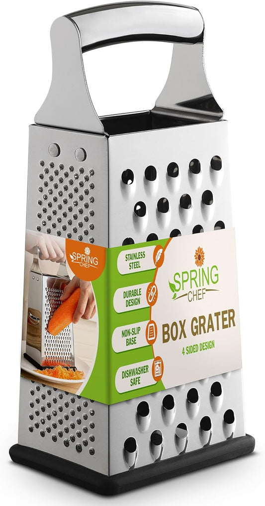 Stainless Steel Cheese Grater, Large Box Grater for Kitchen | 4 Sided Handheld Vegetable Shredder, Kitchen Food Grater for Cheese, Potato, Carrot, Ginger, Veggie, Dishwasher Safe