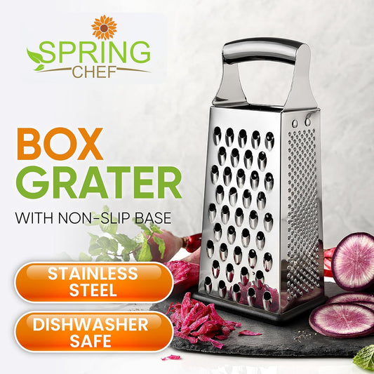 Stainless Steel Cheese Grater, Large Box Grater for Kitchen | 4 Sided Handheld Vegetable Shredder, Kitchen Food Grater for Cheese, Potato, Carrot, Ginger, Veggie, Dishwasher Safe