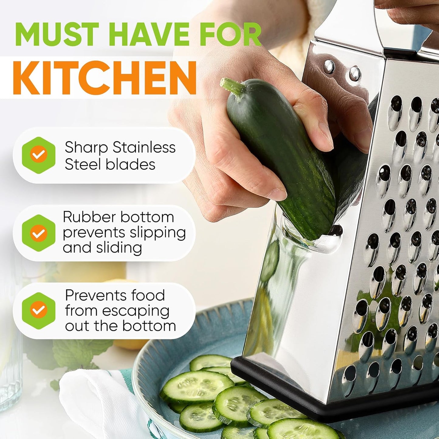 Stainless Steel Cheese Grater, Large Box Grater for Kitchen | 4 Sided Handheld Vegetable Shredder, Kitchen Food Grater for Cheese, Potato, Carrot, Ginger, Veggie, Dishwasher Safe