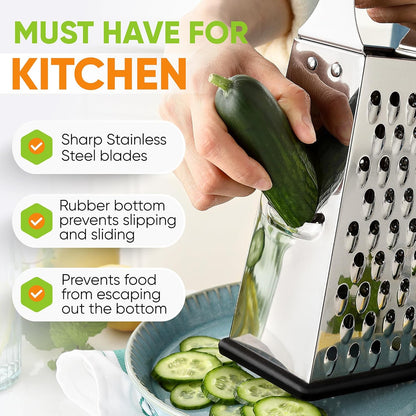 Stainless Steel Cheese Grater, Large Box Grater for Kitchen | 4 Sided Handheld Vegetable Shredder, Kitchen Food Grater for Cheese, Potato, Carrot, Ginger, Veggie, Dishwasher Safe