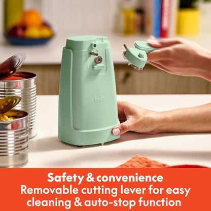 bella Electric Can Opener and Knife Sharpener, Removable Cutting Lever, Cord Storage, Stainless Steel Blade, Sage
