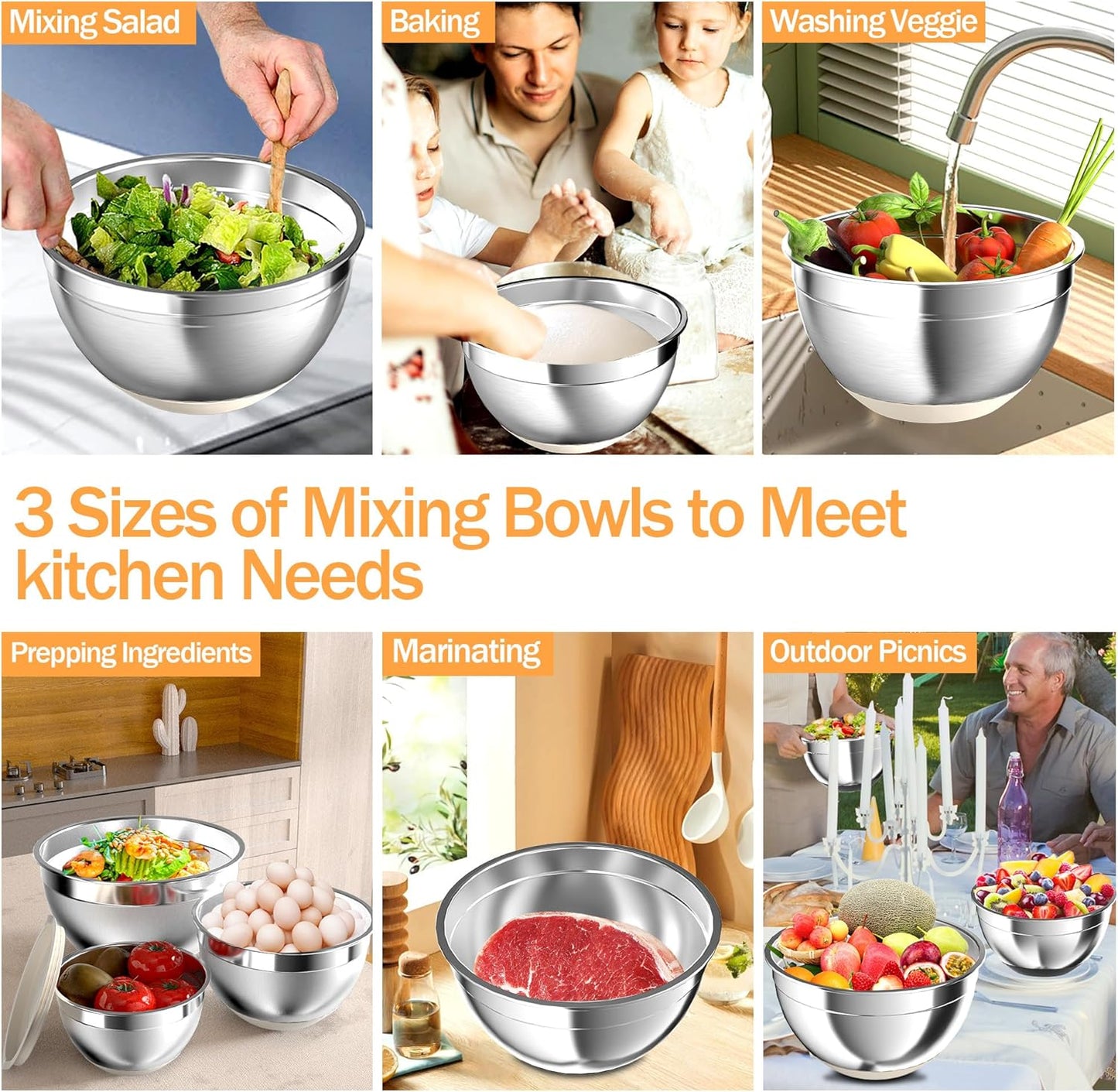 Nicdiet Mixing Bowls with Airtight Lids, Stainless Steel Mixing Bowl Set with 3 Metal Nesting Bowls, Colander & Grater, Non-Slip Bottoms, Size 1.5, 2.5, 5 QT, Great for Mixing & Serving, Khaki