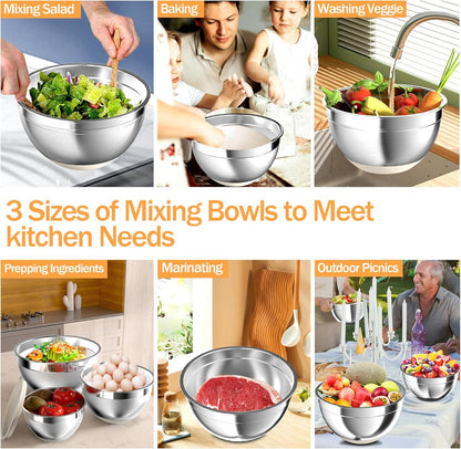 Nicdiet Mixing Bowls with Airtight Lids, Stainless Steel Mixing Bowl Set with 3 Metal Nesting Bowls, Colander & Grater, Non-Slip Bottoms, Size 1.5, 2.5, 5 QT, Great for Mixing & Serving, Khaki