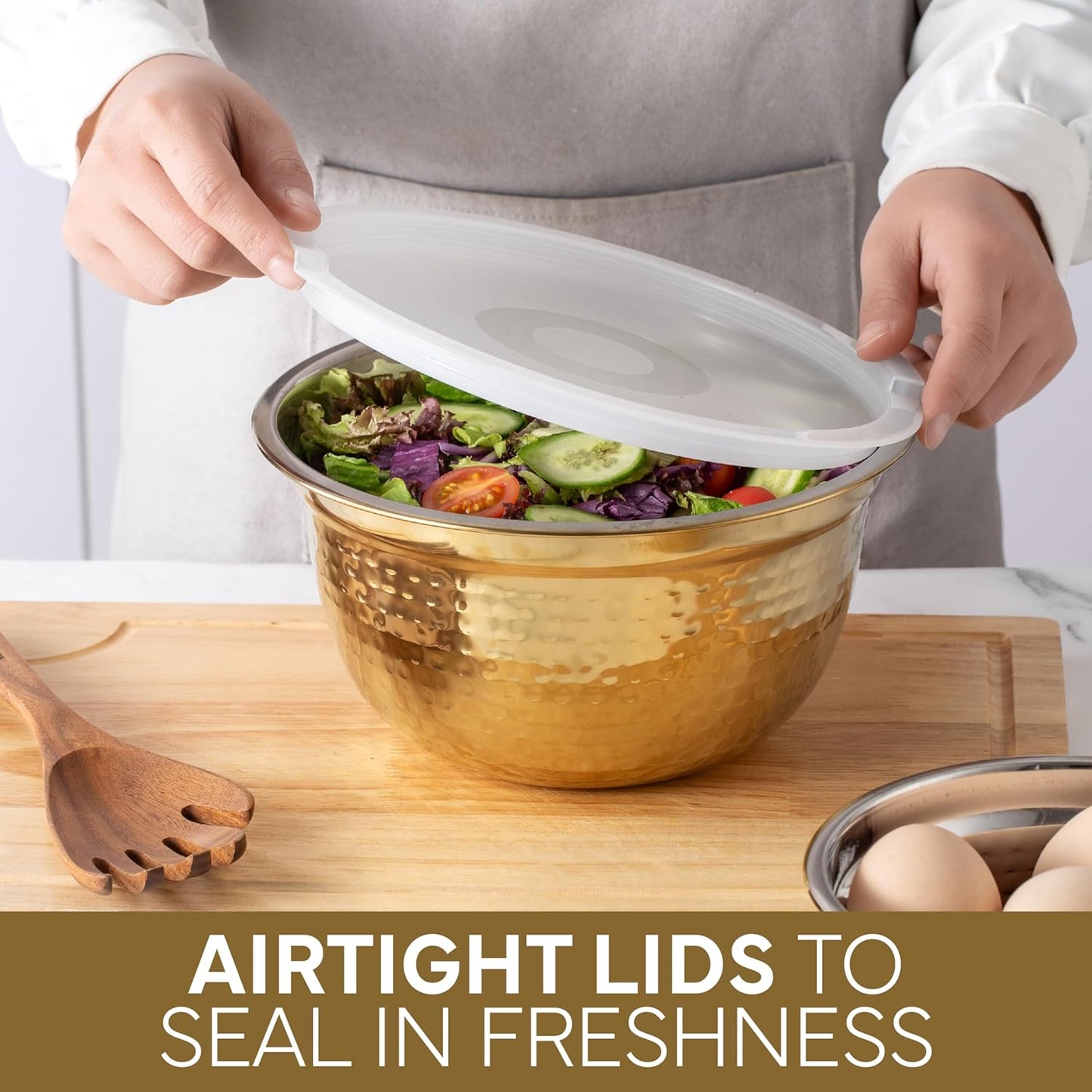 COOK WITH COLOR 18 Piece Mixing Bowls Set with Airtight Lids, Stainless Steel Bowl Organizers, Food Storage Containers, Meal Prep, Nesting Salad Bowls For Cooking, Baking, Kitchen Use, Gold