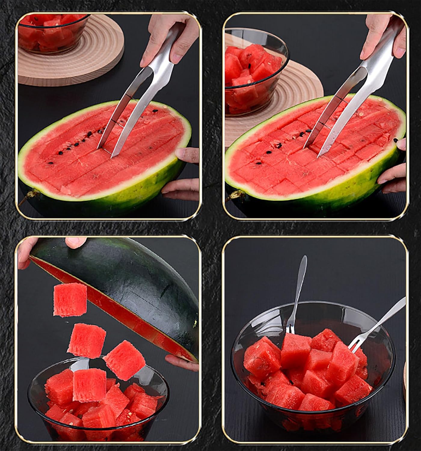Watermelon Cutter Slicer with 2 Pieces Forks, Stainless Steel Watermelon Cube Cutter Watermelon Knife, Melon Slicer, Cube Cutters Fruit Vegetable Knives Salad Melon Baller for Kitchen Gadget