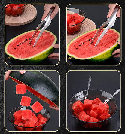 Watermelon Cutter Slicer with 2 Pieces Forks, Stainless Steel Watermelon Cube Cutter Watermelon Knife, Melon Slicer, Cube Cutters Fruit Vegetable Knives Salad Melon Baller for Kitchen Gadget