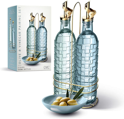 COOK WITH COLOR Glass Olive Oil Bottle Dispenser - 2 Pack- 17oz Oil and Vinegar Cruet - Olive Oil Carafe Decanter for Kitchen, Elegant Waves, Clear