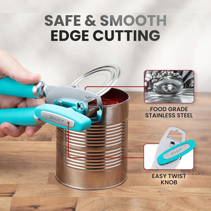 Zulay Kitchen Heavy Duty Stainless Steel Can Opener Manual with Bottle Opener - Rust Proof Manual Can Opener With Turn Knob & Comfy Soft Grip Handles - Cherry Red - Colors A