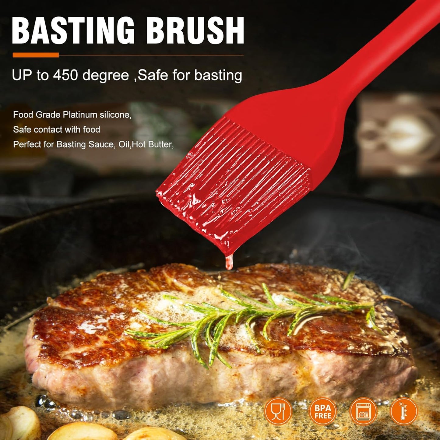 Walfos 600°F Heat Resistant Silicone Basting Brushes BPA Free Pastry Brush, Spread Oil Butter Sauce for BBQ Grill Baking Kitchen Cooking, Dishwasher Safe (2 SIZE)