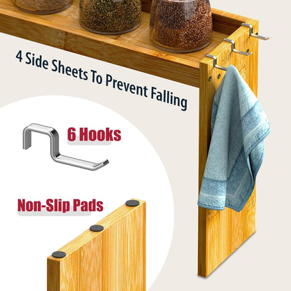 IIIOIIIA Bamboo Over the Stove Spice Shelf for Kitchen, 31.5" Spice Rack Organizer Shelf with 6 hooks, 11.4" Height Extra Storage Countertop, Easy to Assemble