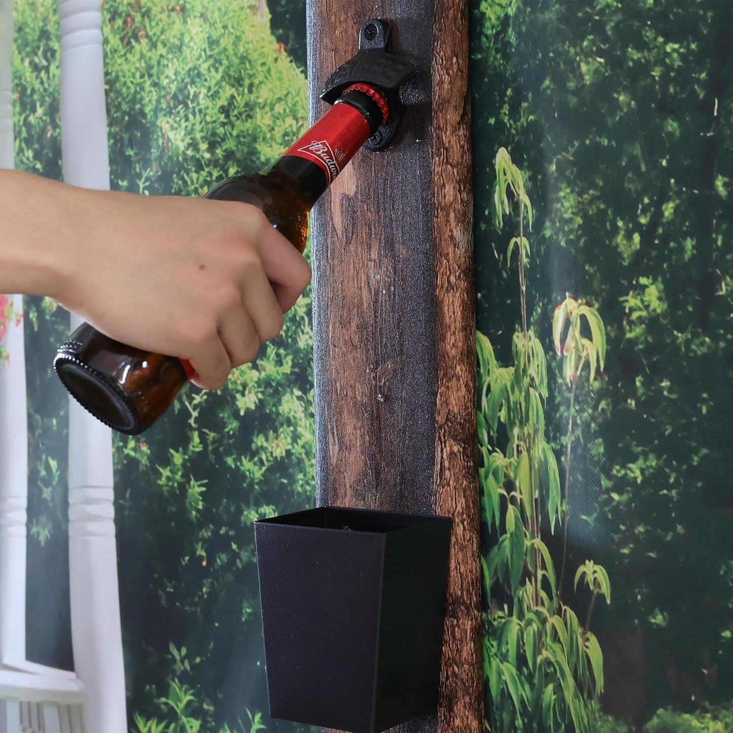 Satin Black Cast Iron Bottle Opener Wall Mounted with Bottle Cap Catcher Narrow