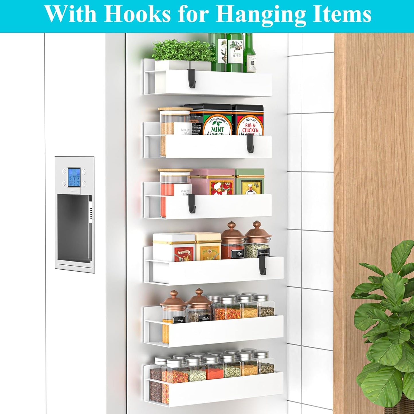 HuggieGems Metal 4 Pack Magnetic Spice Storage Rack Organizer for Refrigerator and Oven, Black Fridge Organizers and Storage, Metal