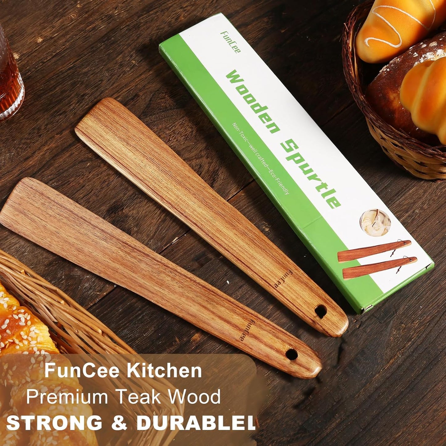2 Pack Wooden Spurtle for Sourdough Starter, Mixing, Reaching Bottom of Jar, Dough Whisk, Long Handle Jar Spatula, Spurtles Kitchen Tools Teak Wood Kitchen Utensils kit for Baking, Cooking