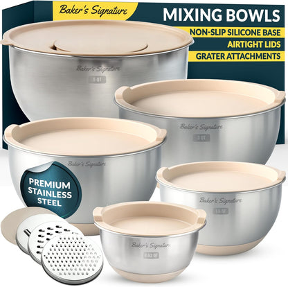 Baker's Signature Stainless Steel Mixing Bowls with Lids Set, 5 Sizes, 3 Graters, Non-Slip Base, Airtight Lids, Metal Mixing Bowls for Kitchen, Food Prep, Storage, 0.63QT-5QT, Black