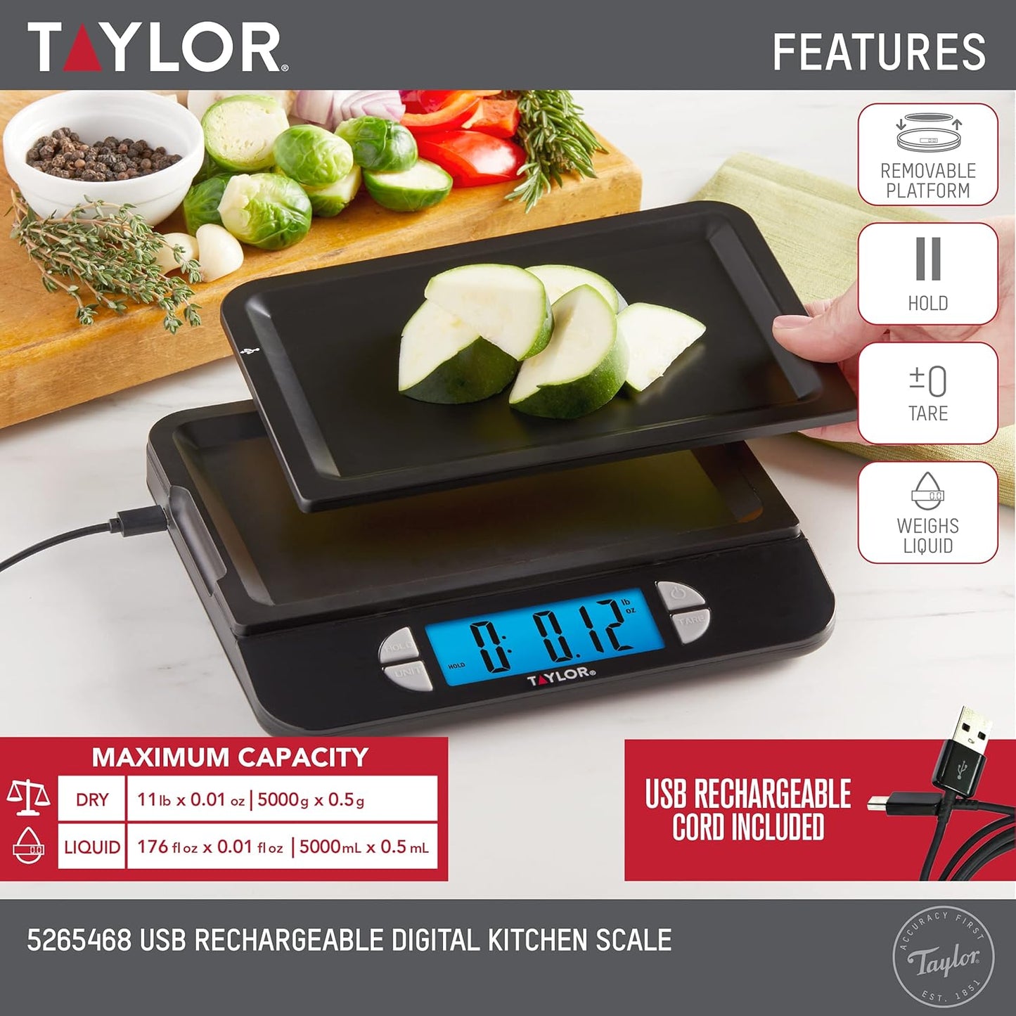 Taylor 22LB High Capacity Kitchen Food Scale with Stainless Steel Surface, Backlit Display, and USB Recharging Cord Included, White