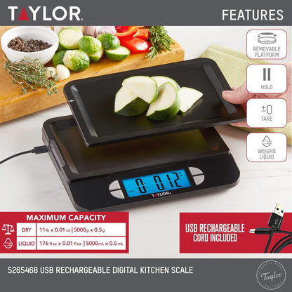 Taylor 22LB High Capacity Kitchen Food Scale with Stainless Steel Surface, Backlit Display, and USB Recharging Cord Included, White