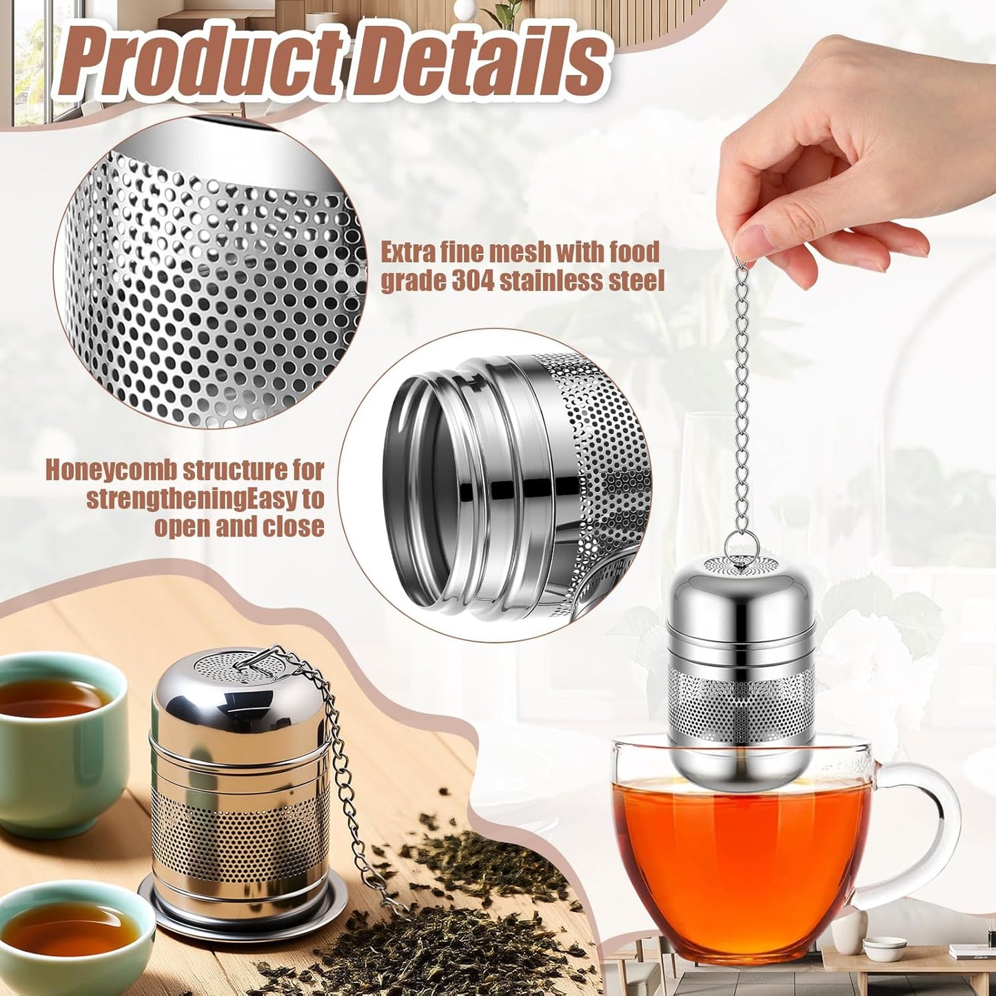 Umigy 4 Pcs Tea Infuser Strainers for Loose Tea with Scoop, Extra Fine Mesh Steeper 304 Stainless Steel Diffuser Leaf Holder with Extended Chain Hook for Brew, Spices, Seasoning, Silver