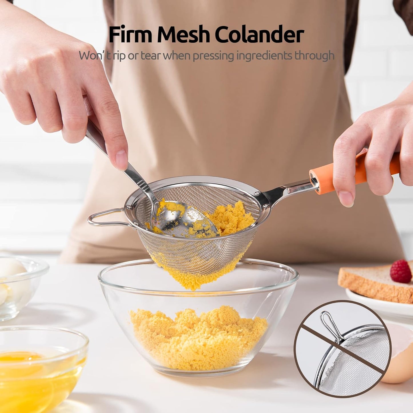 18/8 Stainless Steel Mesh Strainer: U-Taste 5.5 Inch Kitchen Fine Mesh Sieve Food Colander with Riveted Sturdy Silicone Handle and 30 Mesh Hole for Straining Flour, Pasta, Fruit, Quinoa(Aqua Sky)
