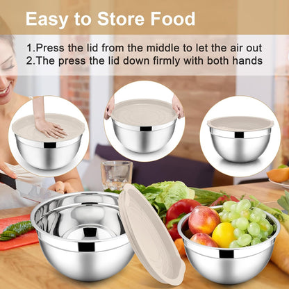 E-far Mixing Bowls with Lids, 6-Piece Stainless Steel Salad Bowls Metal Nesting Bowls for Baking Cooking and Prepping, Airtight Lids & Stackable Design, Size 4.5, 3, 1.5 QT (Black)