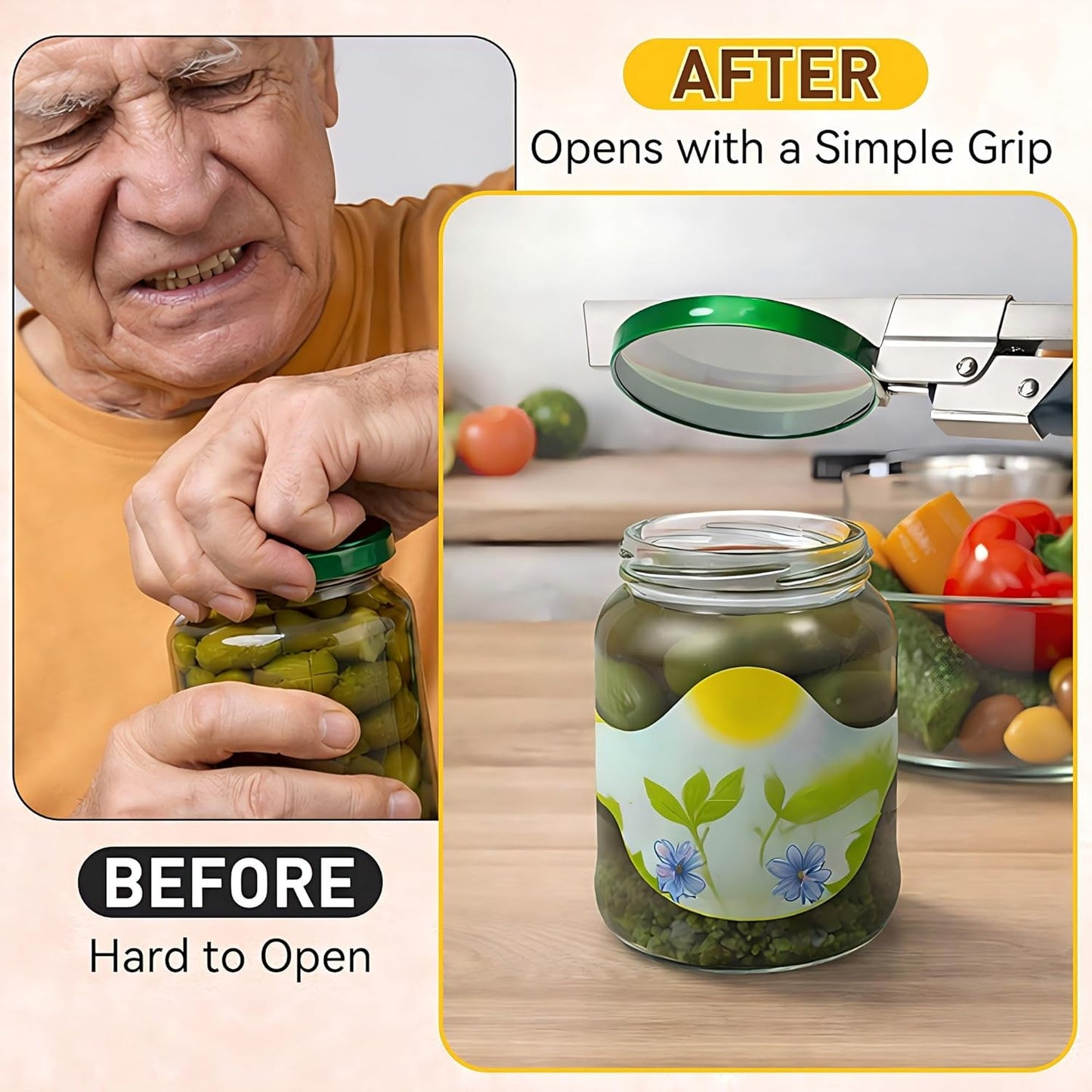 Comfort Grip Jar Opener for Weak Hands, 4 Pcs Kitchen Opening Set with Adjustable Multifunctional Stainless Steel Can Opener with Gripper & Mason Jar Lid Openers,Release Vacuum Seal,Arthritis Friendly