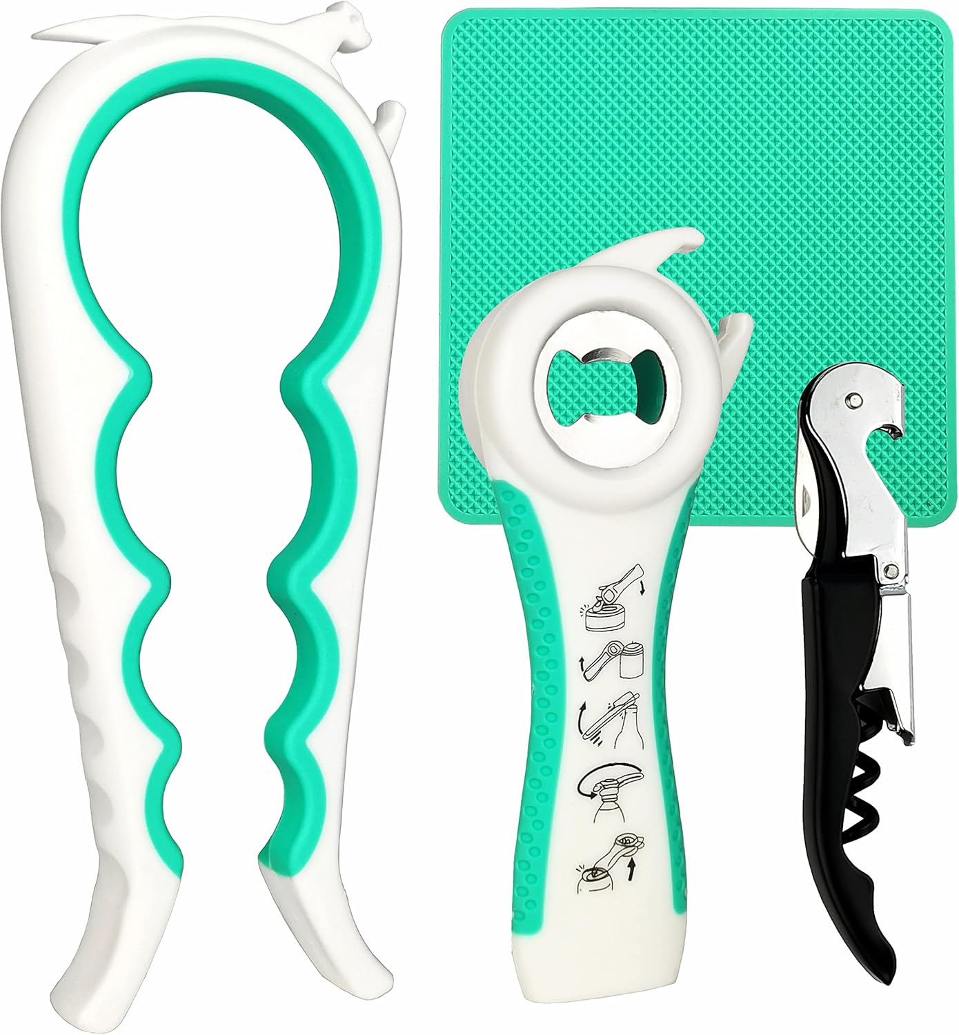 Otstar Jar Opener & Bottle Opener Set for Weak Hands - Multi-Function Kitchen Opener Tool for Seniors with Arthritis, Elderly - Includes Jar Lid Gripper Pad, Corkscrew Opener