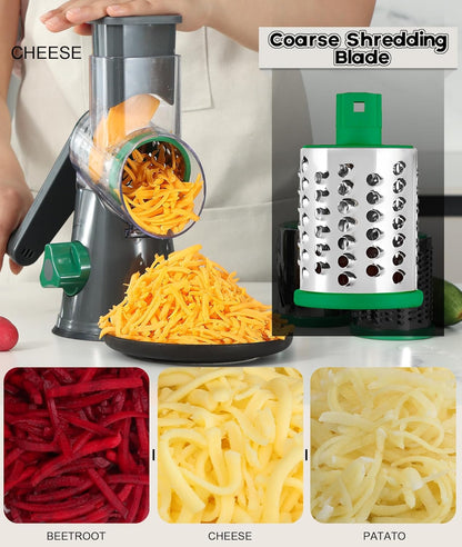 Ourokhome Rotary Cheese Grater Hand Crank, Kitchen Shredder Speed Mandolin Slicer Nut Grinder with Handle and Drum Blades for Cheese, Vegetable, Walnut, Chocolate, Potato, Carrot, 3 Blades, Dark Blue