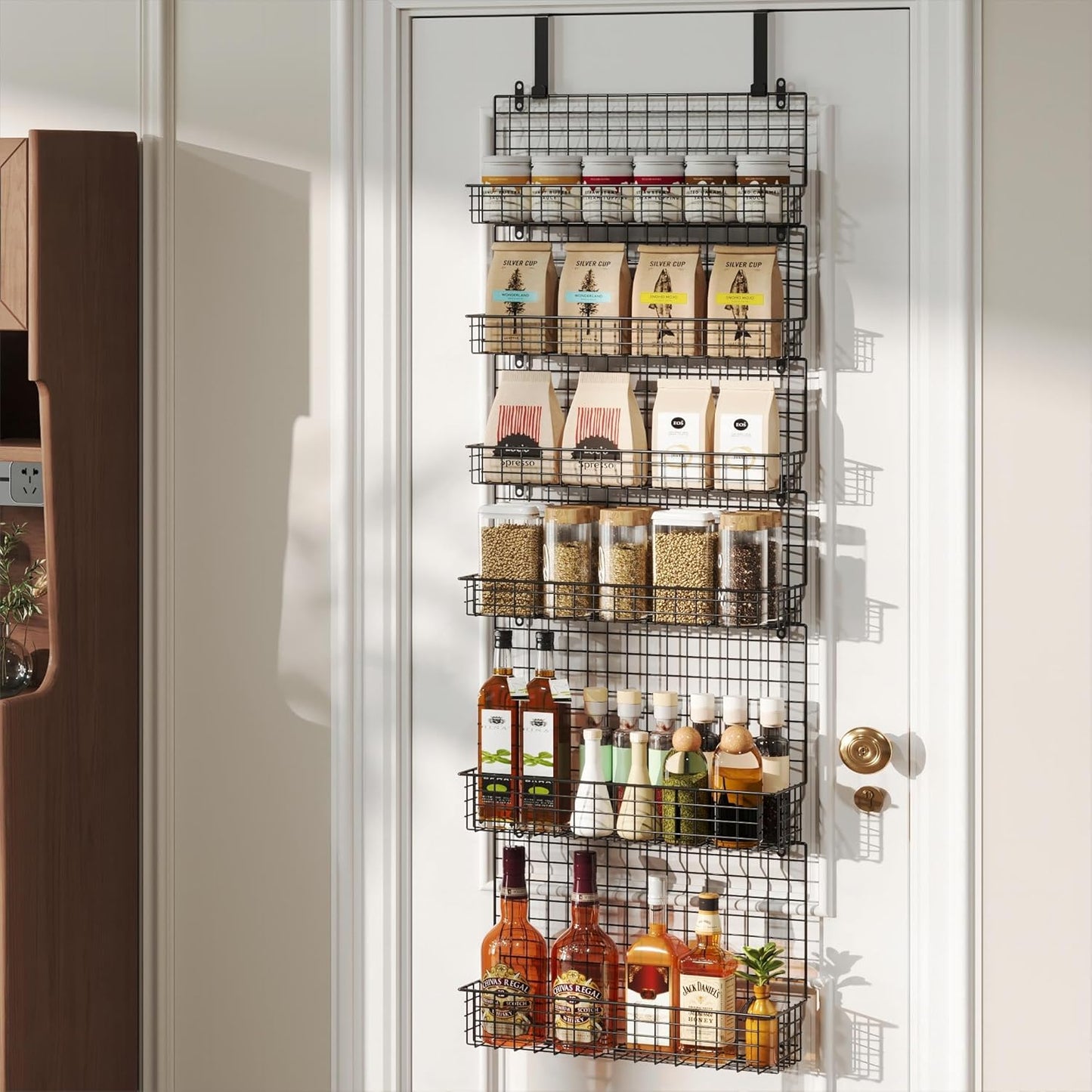 JKsmart 6-Tier Spice Rack Organizer with Door Hook, Wall Mounted & Over the Door Spice Racks for Kitchen Pantry Door Cabinet, Two Size, Large Capacity, Black