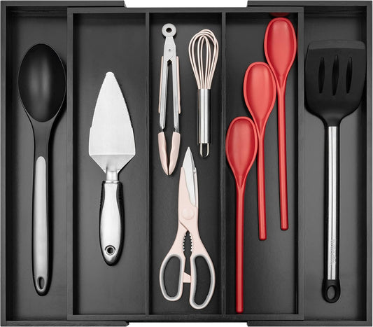 Purawood Bamboo Drawer Organizer - Expandable Silverware Organizer & Utensil Drawer Organizer, Cutlery Tray with Dividers, 7-9 Slots- Kitchen Organizer for Utensils & Flatware (Natural)