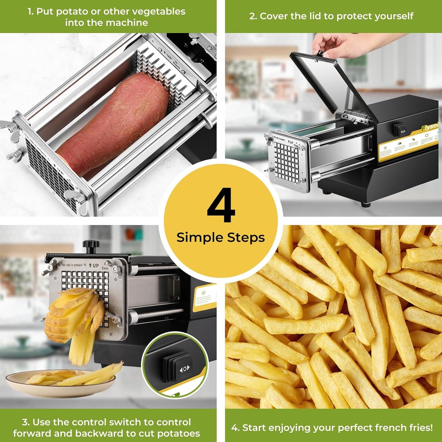French Fry Cutter Electric Potato Cutter Stainless Steel Professional With 4 Blades For Commercial, Home Use & Cucumbers, Carrots, Sweet Potatoes, Black