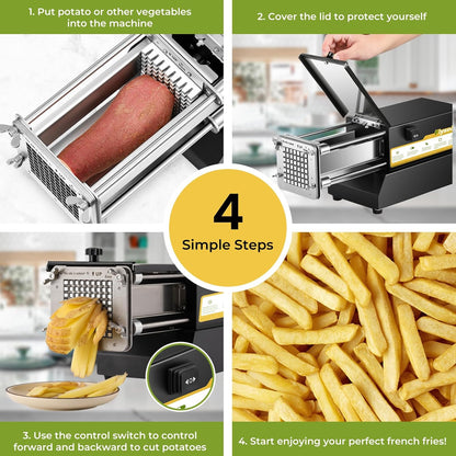 French Fry Cutter Electric Potato Cutter Stainless Steel Professional With 4 Blades For Commercial, Home Use & Cucumbers, Carrots, Sweet Potatoes, Black