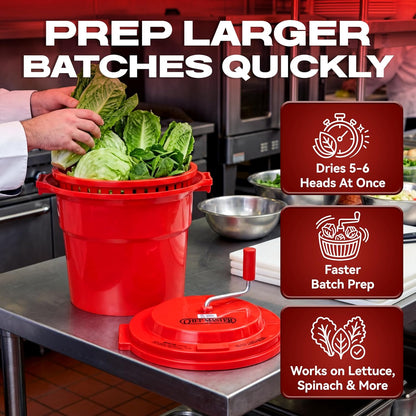 5 Gallon Chef Master Commercial Salad Spinner Dryer – Hand Powered Manual Lettuce Spinner and Fruit Washer Bowl w/ Strainer - Sealed Gearbox, Built In Brake System - Durable Spinner Mechanism - 90005